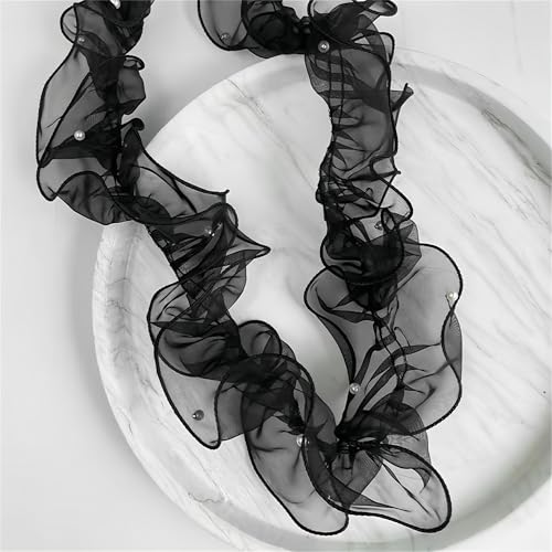 10 Meter Organza Rüschenband mit Perlen – 11 cm Plissiertes Organzaband als Rüschen Spitzenborte, Tüll Spitzenbesatz, Spitzenband, Schleifenband, Dekoband zum Nähen & Geschenkband (Schwarz) von TKSJROL