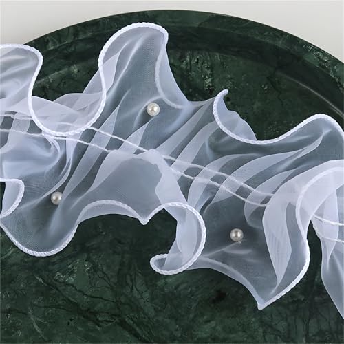 10 Meter Organza Rüschenband mit Perlen – 11 cm Plissiertes Organzaband als Rüschen Spitzenborte, Tüll Spitzenbesatz, Spitzenband, Schleifenband, Dekoband zum Nähen & Geschenkband (Weiß) von TKSJROL