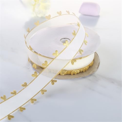 180 Meter Herzband – Organzaband als Schleifenband, Stoffband, Dekoband, Seidenband, Chiffonband für Hochzeit, DIY Projekte, Geschenkverpackung, Basteln, Dekorationen (25 mm, Goldene Kontur) von TKSJROL
