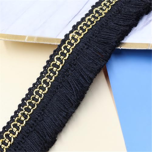2 Meter Fransenborte - 28 mm Fransenband TextilbordüRe StoffbordüRe Dekoband DIY Spitzenborte Quastenborte Lace Ribbon Vintage Stoffband Quasten Trim Quastenband zum Nähen (Goldschwarz) von TKSJROL
