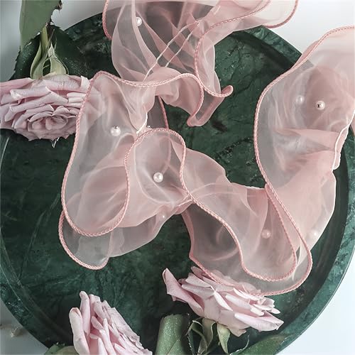 2 Meter Organza Rüschenband mit Perlen – Plissiertes Organzaband als Rüschen Spitzenborte, Tüll Spitzenbesatz, Spitzenband, Schleifenband, Dekoband zum Nähen & Geschenkband zur Hochzeit (Rosa) von TKSJROL