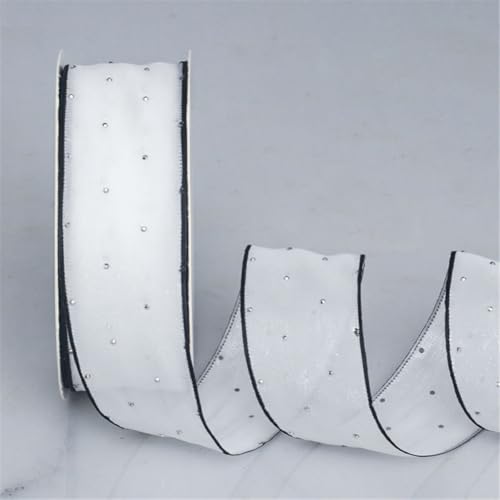 20 Yard Glitzerndes Tüllband 4cm – Transparentes Organza Band als Geschenkband, Schleifenband, Dekoband, Seidenband, Schneegarn, Chiffonband für DIY, Hochzeit (Weiß mit schwarzem Rand) von TKSJROL