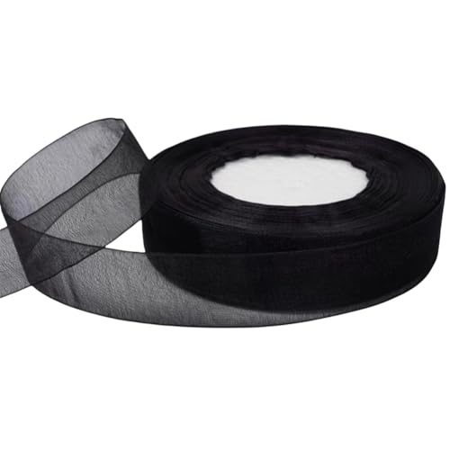 200 Yard Chiffonband – Vielseitiges Stoffband als Dekoband, Tüllband, Satinband, Organza Band, Seidenband, Geschenk Band, für Nähen, Basteln, Verpacken & Organza Handwerk (25 mm, Schwarz) von TKSJROL