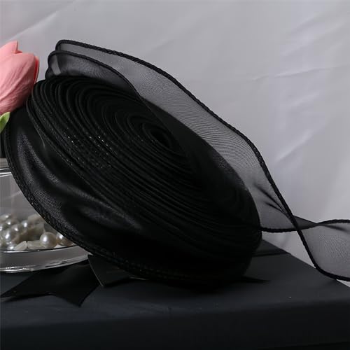 225 Meter Organzaband 4 cm – Seidenband, Chiffonband, Satinband, Tüllband, Geschenkverpackung, Dekoband, Schleifenband, Bandset, Geschenkband für DIY & kreative Projekte (Schwarz) von TKSJROL