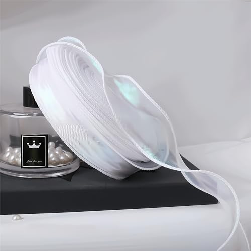 225 Meter Organzaband 4cm – Schillerndes Chiffonband, Satinband, Seidenband, Geschenk Band, Schleifenband, Tüllband, Ribbon für Geschenkverpackung & DIY Projekte (Irisierendes Weiß) von TKSJROL