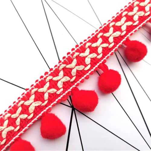 3 Yards Pompon-Borte - Pompoms Bänder zum Nähen, Quaste Trim Band Bommelborte Pomponband Fransenborte Dekoborte Mit Bommeln Bälle Zierband Für Zuhause Vorhang Kissen Kleidung DIY (Rot) von TKSJROL