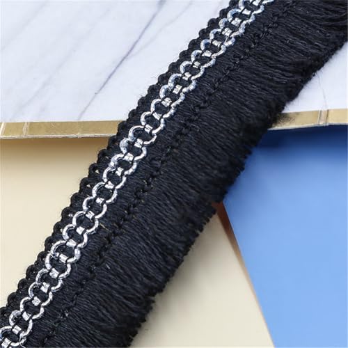 4 Meter Fransenborte - 28 mm Fransenband TextilbordüRe StoffbordüRe Lace Ribbon DIY Spitzenborte Quastenborte Dekoband Vintage Quastenband Stoffband Quasten Trim zum Nähen (Silberschwarz) von TKSJROL