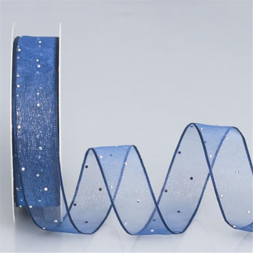 40 Yard Glitzer Chiffonband 25mm – Transparentes Schneegarn Schleifenband, Geschenkband, Tüllband, Dekoband, Seidenband, Organza Band, glitzerndes Stoff für Basteln & Deko (Dunkelblau) von TKSJROL