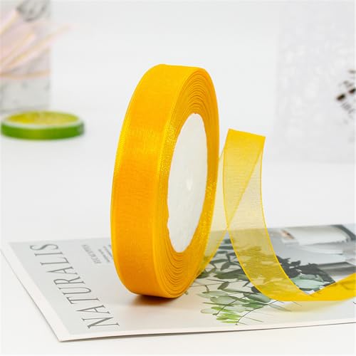 405 Meter Organza Band 15mm Breit – Transparentes Chiffonband Schleifenband Schmales Seidenband für Backen, Tortendeko, Kuchenband, Geschenkverpackung, Handgemachte Deko, DIY (Goldgelb) von TKSJROL