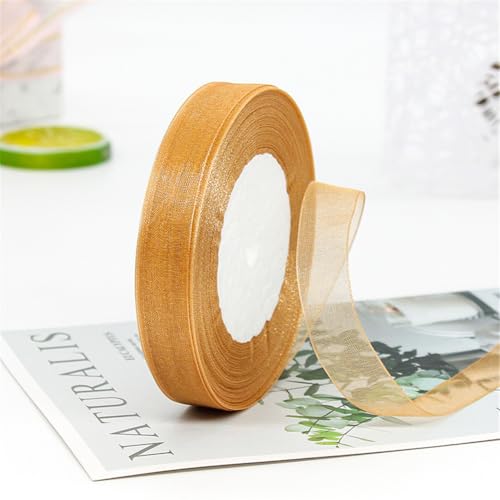 45 Meter Organza Band 15mm Breit – Transparentes Chiffonband Schleifenband Schmales Seidenband für Backen, Tortendeko, Kuchenband, Geschenkverpackung, Handgemachte Deko, DIY (Hellbraun) von TKSJROL