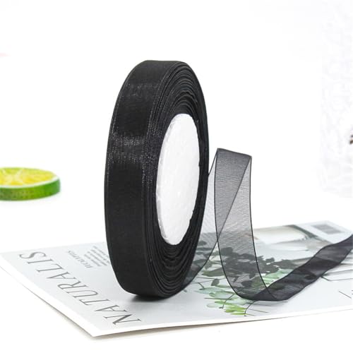 45 Meter Organza Band 15mm Breit – Transparentes Chiffonband Schleifenband Schmales Seidenband für Backen, Tortendeko, Kuchenband, Geschenkverpackung, Handgemachte Deko, DIY (Schwarz) von TKSJROL