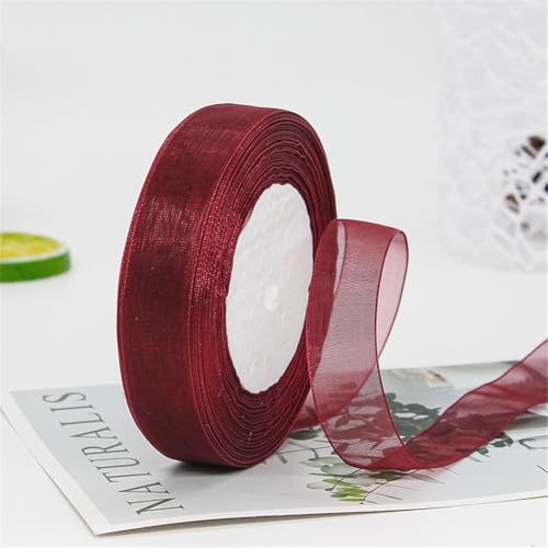 45 Meter Organza Band 2cm Breit – Transparentes Chiffonband Schleifenband Schmales Seidenband für Backen, Tortendeko, Kuchenband, Geschenkverpackung, Handgemachte Deko, DIY (Weinrot) von TKSJROL
