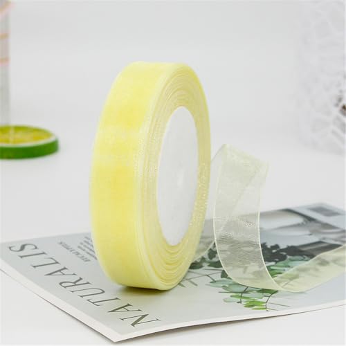 450 Meter Organza Band 2cm Breit – Transparentes Chiffonband Schleifenband Schmales Seidenband für Backen, Tortendeko, Kuchenband, Geschenkverpackung, Handgemachte Deko, DIY (Hellgelb) von TKSJROL