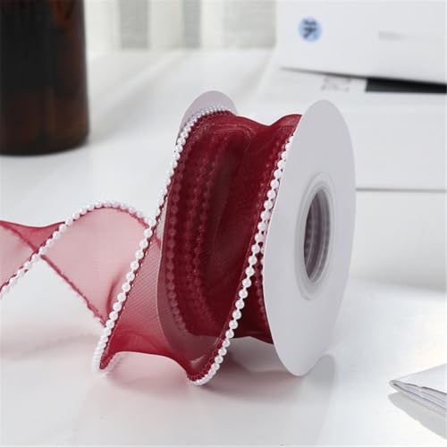 5 Yard Elegantes Organza Perlenband 4cm Chiffonband für Hochzeitseinladungen, Brautsträuße, Antennenschleifen, Tischdeko, Schleifenband zur Geschenkverpackung und Hochzeitsdekoration (Weinrot) von TKSJROL