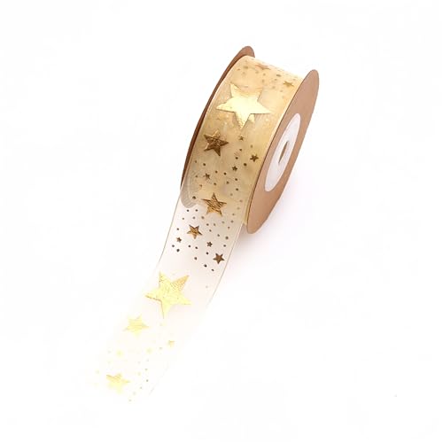 60 Meter Glitzerband 25mm – Organza Tüllband mit Sternen, Geschenkband, Chiffonband, Schleifenband, Dekoband & Seidenband für kreative DIY, Dekoration & Feiertagsverpackung (Beige) von TKSJROL