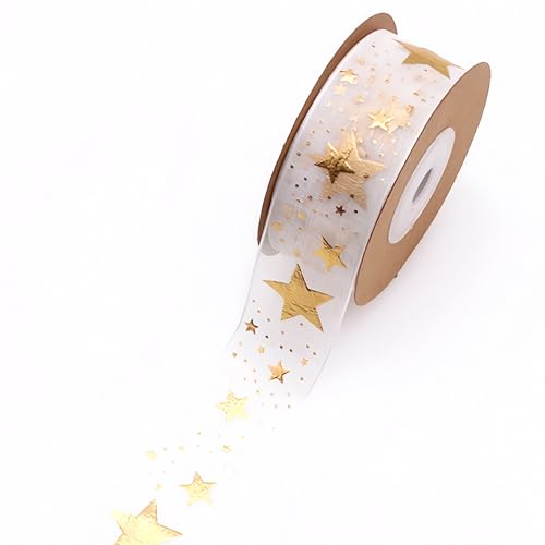 60 Meter Glitzerband 25mm – Organza Tüllband mit Sternen, Geschenkband, Chiffonband, Schleifenband, Dekoband & Seidenband für kreative DIY, Dekoration & Feiertagsverpackung (Weiß) von TKSJROL