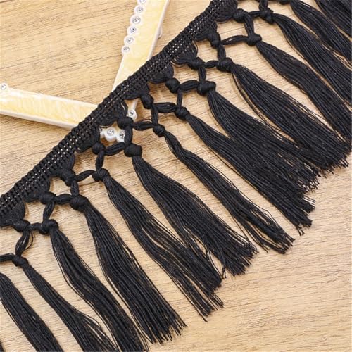 7 Yards Fransenborte - 11 cm Fransenband Lace Ribbon TextilbordüRe StoffbordüRe DIY Quastenborte Dekoband Vintage Stoffband Quasten Trim Quastenband zum Nähen (Doppelter Knoten – Schwarz) von TKSJROL