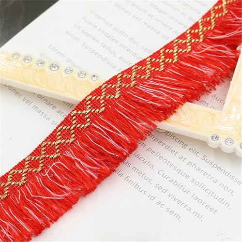 8 Meter Fransenborte - 3 cm Fransenband TextilbordüRe Dekoband Lace Ribbon DIY Spitzenborte Quastenborte StoffbordüRe Vintage Quastenband Stoffband Quasten Trim zum Nähen (Rot + Weiß) von TKSJROL