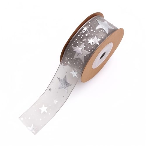 80 Meter Glitzerband 25mm – Organza Tüllband mit Sternen, Geschenkband, Chiffonband, Schleifenband, Dekoband & Seidenband für kreative DIY, Dekoration & Feiertagsverpackung (Grau) von TKSJROL