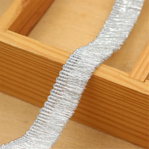 9 Meter Fransenborte - 15 mm Fransenband Dekoband Glitzer Zierspitze Quastenborte StoffbordüRe Textilborte Lace Ribbon Vintage Stoffband Quastenband Quasten Trim zum Nähen und Dekor (Silber) von TKSJROL