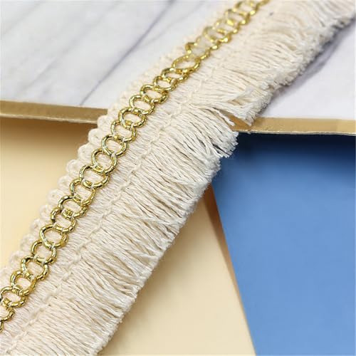 9 Meter Fransenborte - 28 mm Fransenband TextilbordüRe Lace Ribbon Dekoband StoffbordüRe DIY Spitzenborte Quastenborte Vintage Quasten Trim Quastenband Stoffband zum Nähen (Goldbeige) von TKSJROL