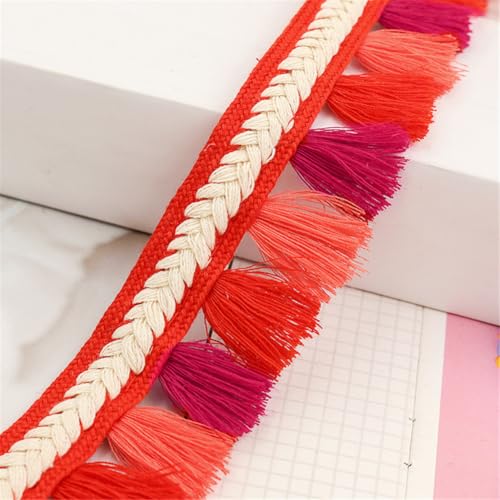 9 Meter Fransenborte - 3 cm Fransenband StoffbordüRe Lace Ribbon Dekoband DIY Spitzenborte Quastenborte TextilbordüRe Vintage Quastenband Quasten Trim Stoffband zum Nähen und Dekorieren (Rot) von TKSJROL