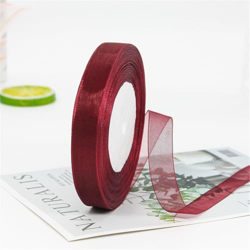 90 Meter Organza Band 15mm Breit – Transparentes Chiffonband Schleifenband Schmales Seidenband für Backen, Tortendeko, Kuchenband, Geschenkverpackung, Handgemachte Deko, DIY (Weinrot) von TKSJROL