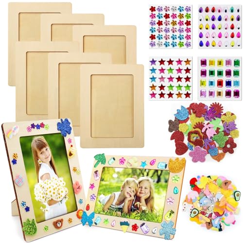 Bilderrahmen Holz Set zum Bemalen, 6 Stück Holzrahmen Holzbilderrahmen zum Bemalen, DIY Bilderrahmen Bastelset Bemalen Kinder mit 4 Glitzersteine Glitter Moosgummi Sticker 3D Aufkleber zum Basteln von TLDNZXY