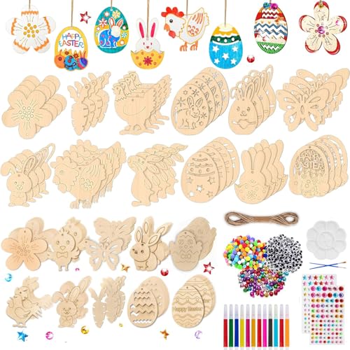 TLDNZXY 279 Stück Holzanhänger Ostern Zum Bemalen, Ostern Basteln Holz,Osterdeko Basteln Kinder, DIY Ostereier Hasen Huhn Blume Anhänger Set mit Aquarellstift, Schnur, Pinsel Pigmente Palette von TLDNZXY