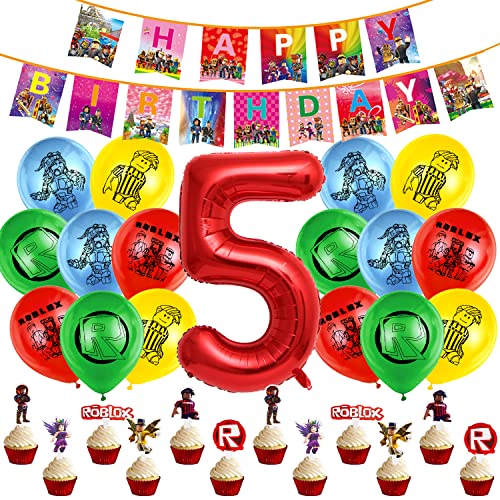 5 Jahre Geburtstags Decoration 44 Pieces,Cake Decoration,Cupcake Topper,Roter Zahlenballon 5,Birthday Banner,Latexballon,Party Decoration,5 Jahre Party Accessories von TLESMH