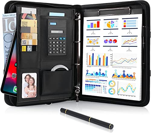 Schreibmappe A4, Konferenzmappe Leder, Dokumentenmappe mit Reißverschluss, Wasserdicht Aktenmappe mit Ringbuch Klemmbrett Notizblock, Portfolio Padfolio Mappe für Business Meeting, Schwarz von TLGREEN