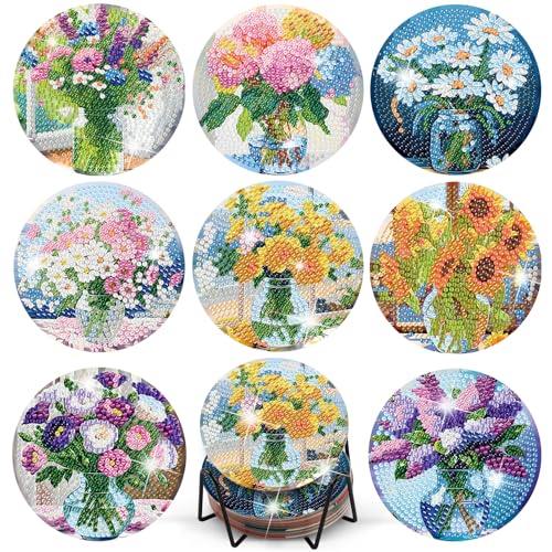 TLIOBLO 8 Stück Blumen Diamond Painting Untersetzer mit Halter, DIY Kaffee Getränk Untersetzer Vase Blumen Muster, Diamant Tassenuntersetzer mit Kork, Basteln Erwachsene Frauen TLIOBLO 8 Stück Blumen Diamond Painting Untersetzer mit Halter, DIY Kaffee Getränk Untersetzer Vase Blumen Muster, Diamant Tassenuntersetzer mit Kork, Basteln Erwachsene Frauen von TLIOBLO