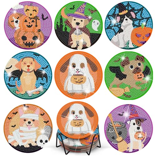 TLIOBLO 8 Stück Halloween Diamond Painting Untersetzer mit Halter, DIY Kaffee Getränk Untersetzer Winter Muster, Diamant Tassenuntersetzer mit Kork, Basteln Erwachsene Frauen von TLIOBLO