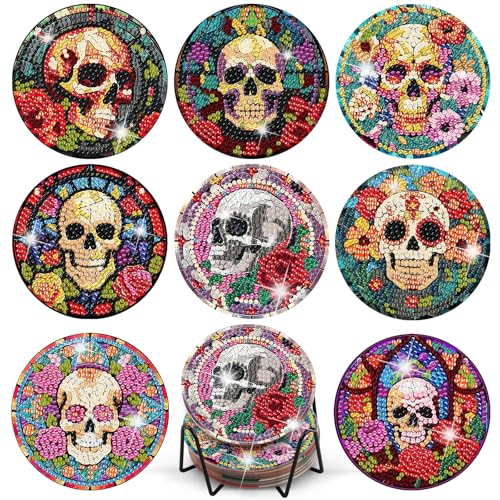 TLIOBLO 8 Stück Schädel Diamond Painting Untersetzer mit Halter, DIY Kaffee Getränk Untersetzer Halloween Muster, Diamant Tassenuntersetzer mit Kork, Basteln Erwachsene Frauen von TLIOBLO