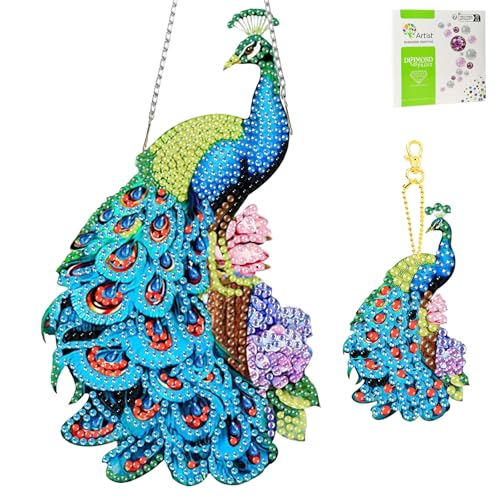 TLIOBLO Pfau Diamond Painting Anhängerund Schlüsselanhänger, Tiere Diamant Kunst Fensterbilder Beidseitige, Diamond Painting Hängende Ornament Bastelset Set für Wand Decor von TLIOBLO