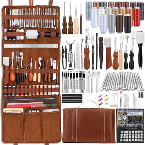 TLKKUE Leder-Werkzeugset, Lederhandwerkswerkzeuge, Lederarbeitsset mit benutzerdefinierten Handtaschen-Schneidematten zum Gravieren, Stanzen, Nähen, Stempeln, Schleifwerkzeuge, Lederwerkzeuge für von TLKKUE