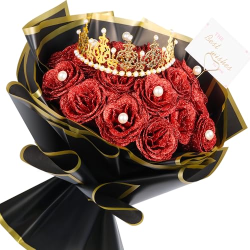 TLY Glitzer-Rosenstrauß, rote Rosen, künstliche Blumen mit Blume, Geschenkpapier, Kronen, Karten für Muttertag, Krankenschwestern, Abschluss, Jahrestag, Verlobung, Hochzeit (24, Rot) von TLY
