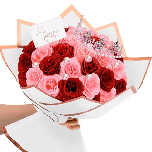TLY Glitzer-Rosenstrauß, Blumenstrauß, Rosen, künstliche Blumen mit Geschenkpapier, Kronen, Karten für Valentinstag, Geburtstag, Jahrestag, Verlobung, Hochzeit, Schulanfang (24, Rot + Rosa) von TLY