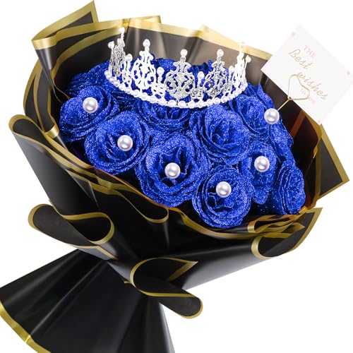TLY Glitzer-Rosenstrauß, blaue Rosen, künstliche Blumen mit Blume, Geschenkpapier, Kronen, Karten für Valentinstag, Jahrestag, Verlobung, Hochzeit (36, blau) von TLY