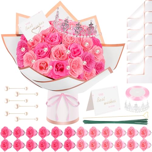 TLY Glitzer-Rosenstrauß, künstliche Rosen, Blumen mit Blume, Geschenkpapier, Kronen, Karten für Muttertag, Krankenschwestern, Abschluss, Jahrestag, Verlobung, Hochzeit (24, Hellrosa + Dunkelrosa) von TLY