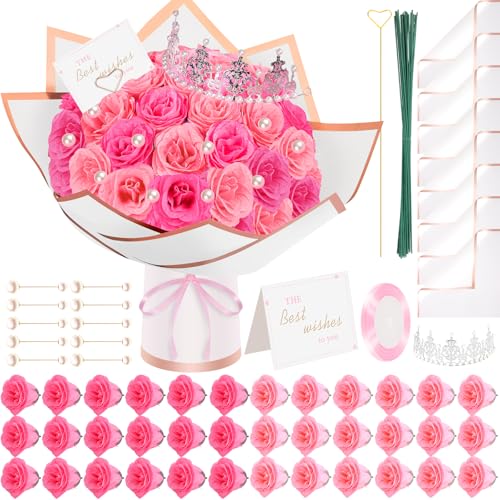TLY Glitzer-Rosenstrauß, künstliche Rosen mit Blume, Geschenkpapier, Kronen, Karten für Muttertag, Krankenschwestern, Abschluss, Jahrestag, Verlobung, Hochzeit (36, Hellrosa + Dunkelrosa) von TLY