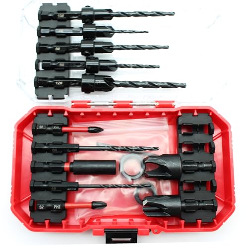 TMAX 15-teiliges Kegelsenker-Bohrer-Set für Schrauben, konische Bohrer mit 2 Holzdübelschneider und 2 Kreuzschlitz-Schraubendreher-Bits, 1/4-Zoll-Sechskantschaft für Holzbearbeitung von TMAX