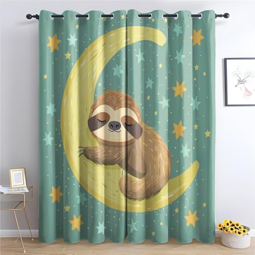 Gardinen Faultier Niedlich Verdunklungsvorhänge mit Ösen Thermo Vorhang Kälteschutz, Cartoon Kinder Blickdichte Schlafzimmer Curtains Blackout Vorhang Wärmeisolierend 160x132 cm(HöhexBreite), 2er Set von TMMDH