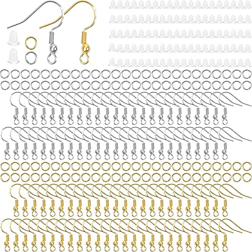 600 pcs Ohrring Haken,Ohrringhaken,Hypoallergene Ohrhaken,Zur Herstellung von DIY-Ohrringen mit transparenten Ohrringen,Sicherheitsrücken und Springringen(Silber und Gold) von TMRBBesty