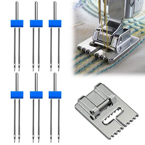 Zwillingsnadeln Für Nähmaschine,Nähmaschinennadel,Doppelnadel für Nähmaschine,2/90 3/90 4/90 6er Pack Doppelnadel Zwillingsnadel mit 1 Stück 9 Rillen Pintuck Nähfuß,6PCS von TMRBBesty
