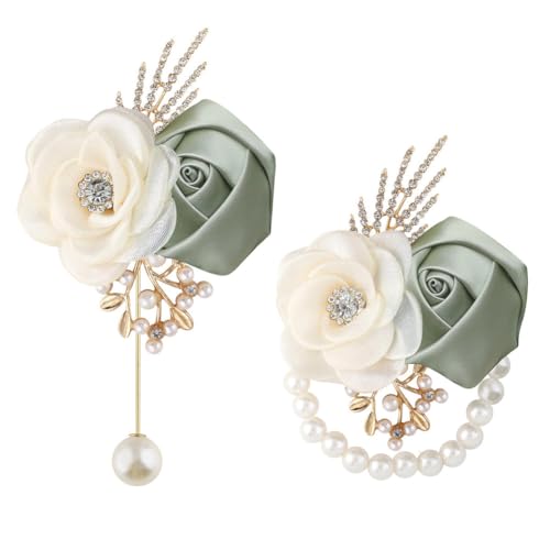 TMTGTS Boutonniere 2 Stück Blumen Handblumen handblume Anstecker mit kunstprelen Rosen Hochzeitsanstecker Rose Anstecker Handgelenke ansteckblumen für Braut Brautjungfer Bräutigam Hochzeiten von TMTGTS