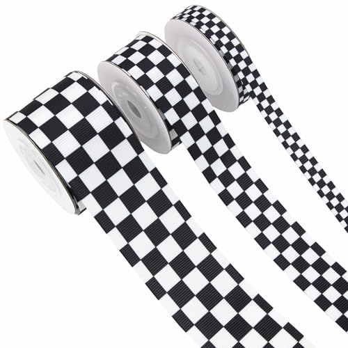 3 Rollen kariertes Band, 12,7 m schwarz-weiß karierte Bänder, Rennwagen-Thema, Ripsband, Büffelkariertes Geschenkband für Bastelarbeiten, Blumenstraußkranz, 0,4 cm, 2,2 cm, 3,8 cm (schwarz) von TMXAOK