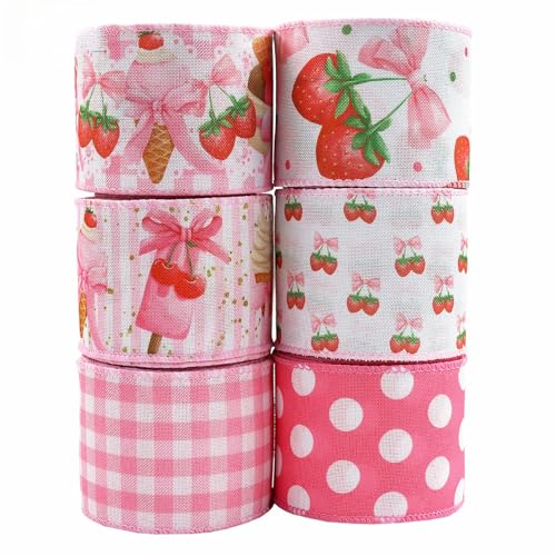 6 Rollen Erdbeerband mit Draht, 6,3 cm Erdbeer-Stoffbänder, Erdbeer-kariert, gemustertes Juteband für Geschenkverpackungen, Schleife, Kranz, DIY, Handwerk, 30 Meter (A) von TMXAOK