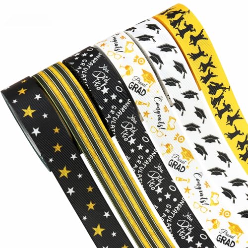 6 Rollen schwarze Abschlussbänder für Abschlussarbeiten, Ripsband, Klasse 2025 Congrats Grad, DIY Geschenkverpackung, Handwerk, 0,95 cm, 1,6 cm, 2,5 cm (Gelb) von TMXAOK