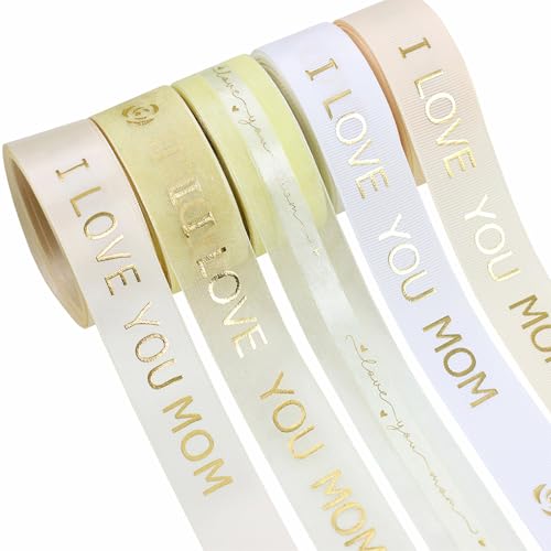 TMXAOK 5 Rollen Muttertagsband, "I Love You Mom", 2,5 cm breit, Ripsband-Set, Bastelstoff für Muttertag, Jahrestag, Dekorationen, Geschenkverpackungen (weiß) von TMXAOK